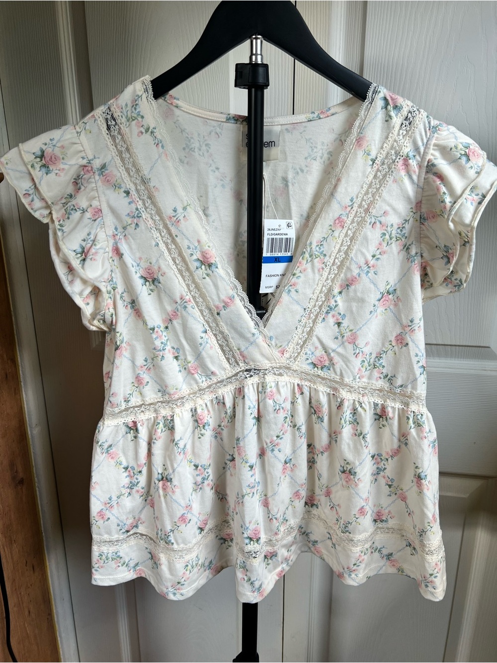 Self Esteem Cream Floral Lace-Trim V-Neck Peplum Top